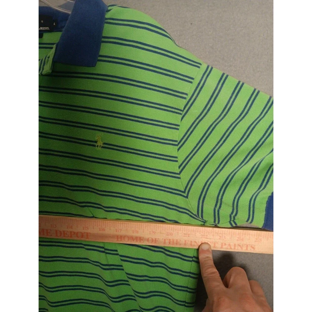 Vintage Polo Ralph Lauren Men's Lime Green and Navy Striped Polo Size LG Kanye